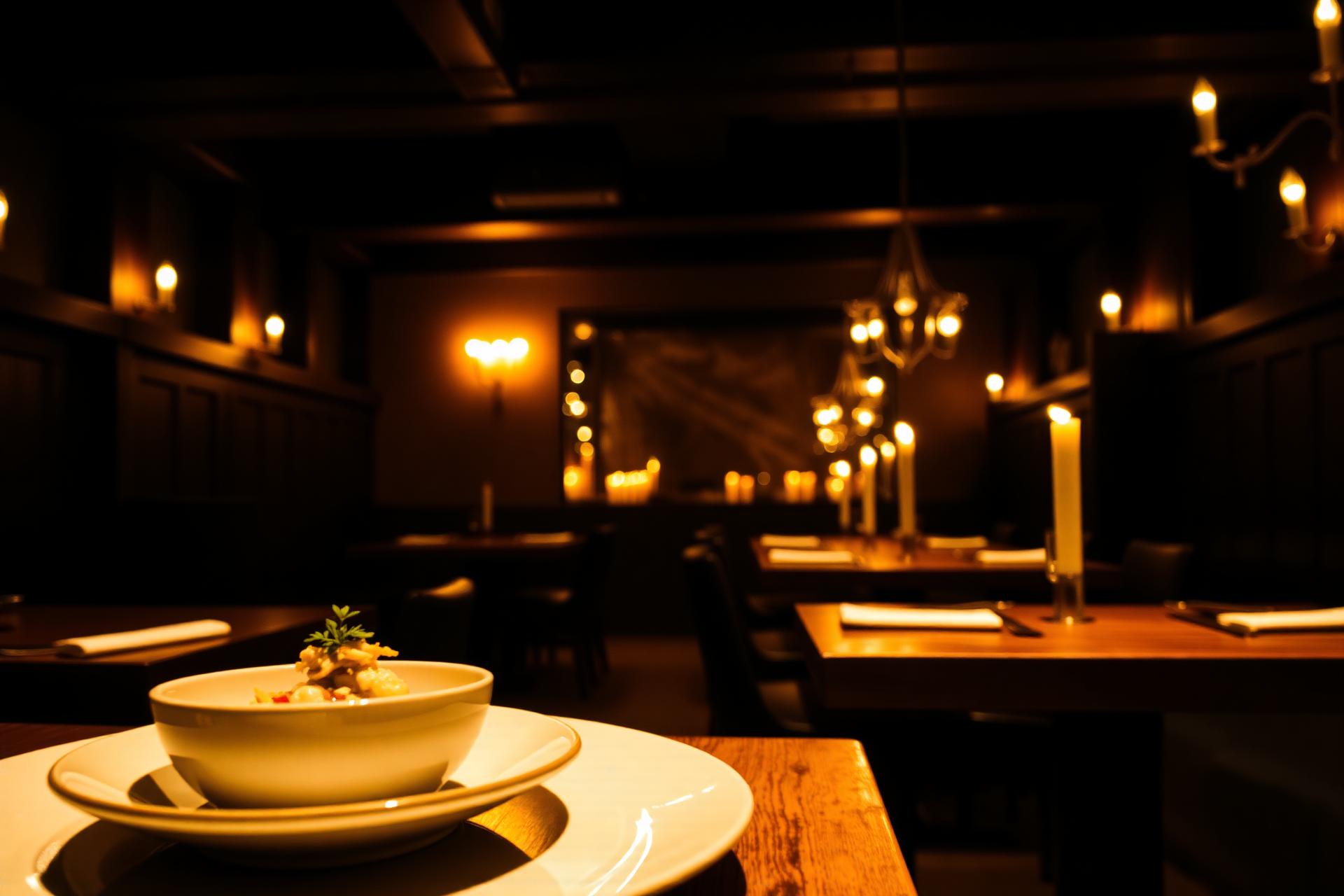 Warm candlelit dining room at The Hearth & Table